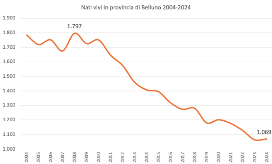 Grafico n 1 Nati vivi in provincia di Belluno 2004-2024