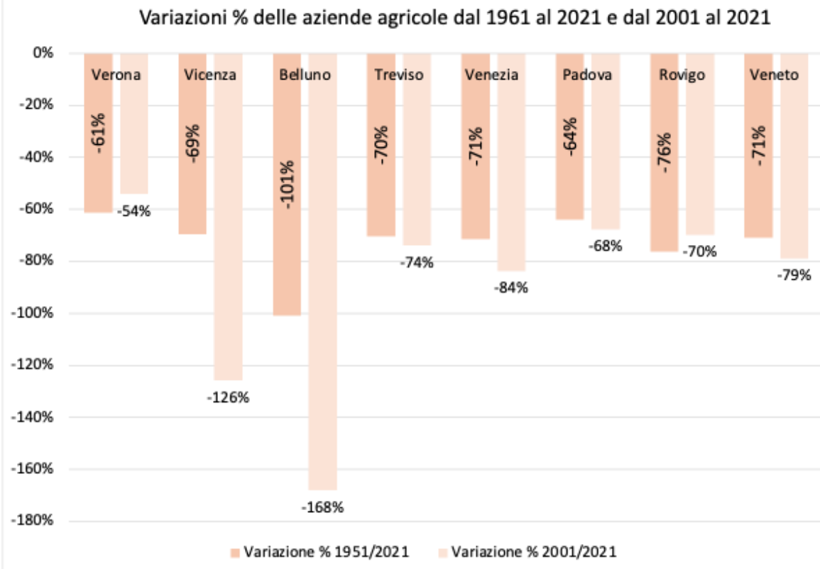 Grafico n. 4 Variazione % delle aziende agricole nelle province venete 2002-2023